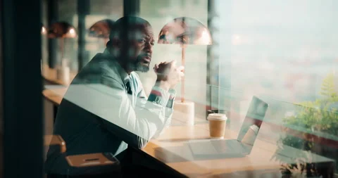 Laptop, man and remote work in cafe with stress, worried or business decision Stock Footage 335456586