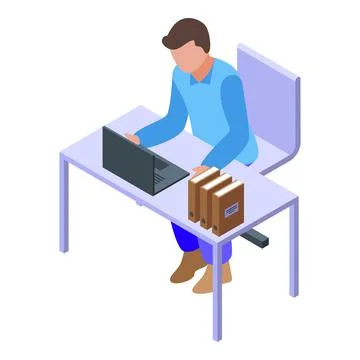 Laptop man icon isometric vector. Computer work Stock Illustration
