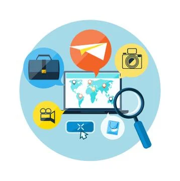 Laptop with map pointers on world 스톡 일러스트