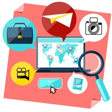 Laptop with map pointers on world Stock Illustration