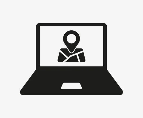 Laptop with map vector icon on white background. Stock Illustration