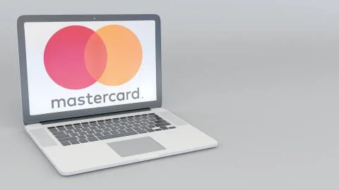 Laptop with MasterCard logo. Computer technology conceptual editorial 3D 스톡 일러스트