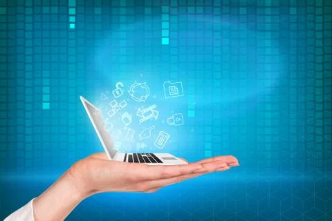 Laptop with matrix background 스톡 사진