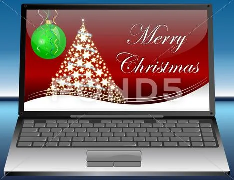 Laptop with Merry Christmas card Stock Photos