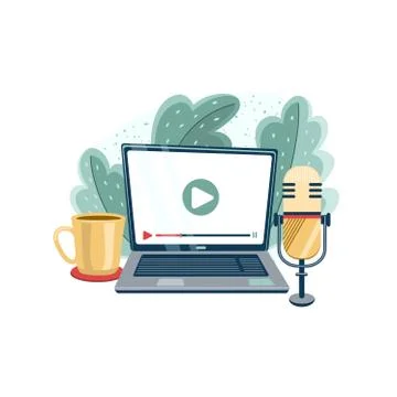 Laptop, mic and cup composition. Concept of podcasting, video blogging, webin Stock Illustration