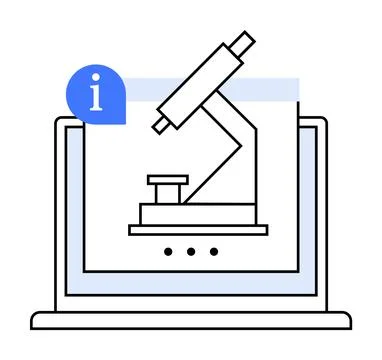 Laptop with Microscope, Information Icon and Three Dots Representing Scienc.. Stock Illustration