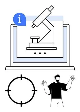 Laptop with microscope, information icon, target, and a human figure pointing Stockillustratie
