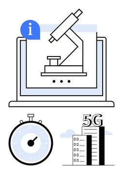 Laptop with microscope stopwatch 5G buildings. Ideal for technology, research Stock Illustration