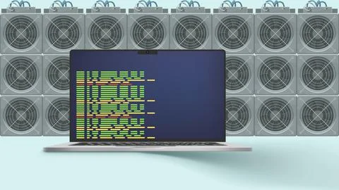 Laptop with mining os and asic computers Stock Illustration