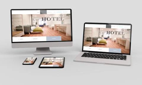 Laptop, mobile and tablet 3d rendering showing hotel responsive web design .3 Stock Illustration