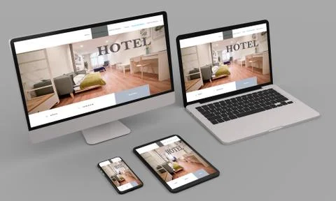 Laptop, mobile and tablet 3d rendering showing hotel responsive web design .3 Stock Illustration