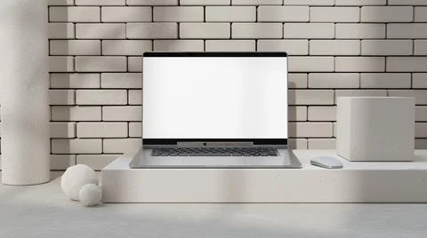 Laptop Mock-Up Empty screen front white brick wall. shadow of tree and window Illustrazione stock