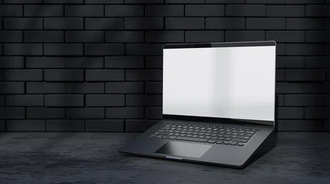 Laptop Mock-Up Empty screen front black brick wall.  스톡 일러스트
