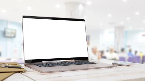 Laptop Mock-Up Empty screen on the service counter with blurred background. Stock Illustration