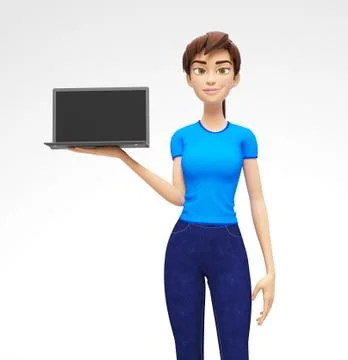 Laptop Mockup With Blank Screen Held by Smiling and Happy 3D Character Stock Illustration