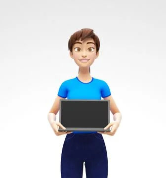 Laptop Mockup With Blank Screen Held by Smiling and Happy 3D Character Stock Illustration