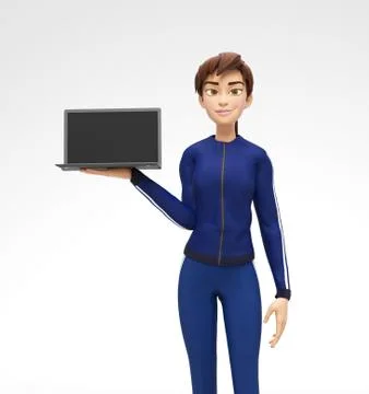 Laptop Mockup With Blank Screen Held by Smiling and Happy Jenny Stock Illustration