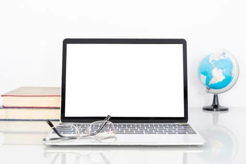 Laptop mockup with blank screen on table Stock Photos