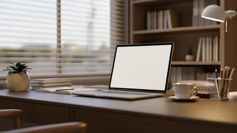 Laptop mockup with blank white screen on office desk with window blinds Stock Illustration