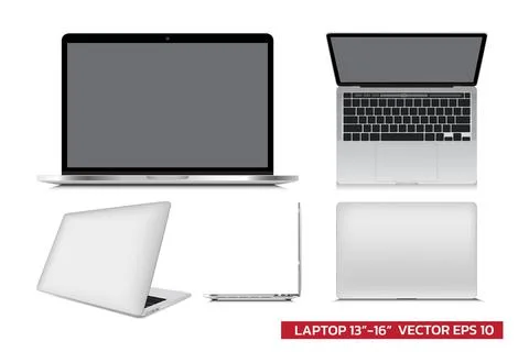 Laptop mockup with different view front, side top, 3d, realistic vector illus Illustrazione stock