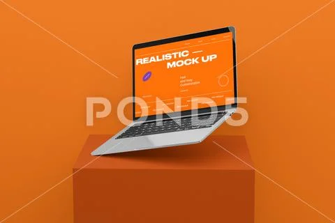 Laptop Mockup on Display Pedestal PSDテンプレート