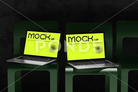 Laptop Mockup On Modern Chairs PSDテンプレート