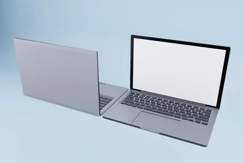 Laptop mockup, open, closed, studio, blue, background, website Stock Illustration