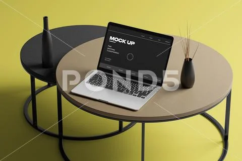 Laptop Mockup on Round Table PSD Template