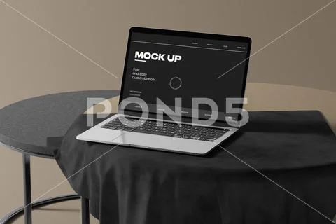 Laptop Mockup on Round Table PSD Template