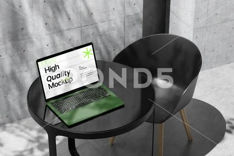 Laptop Mockup On Round Table PSD Template