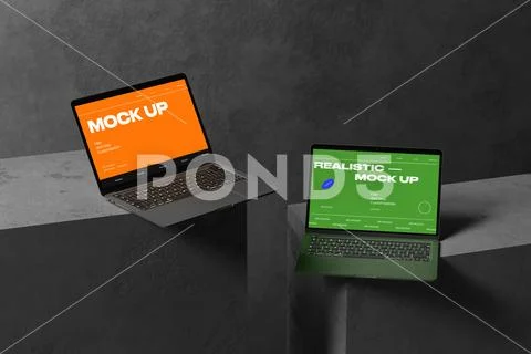 Laptop Mockup on Stone Blocks PSD Template