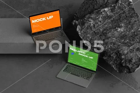 Laptop Mockup on Stone Surface PSD-sjabloon