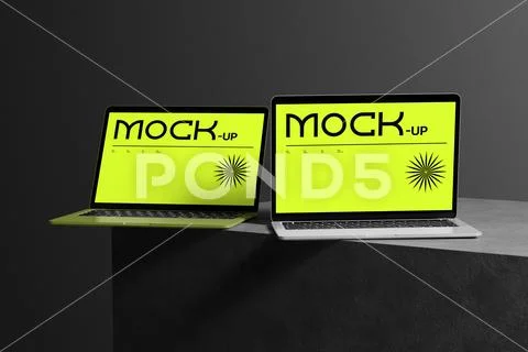 Laptop Mockup On Textured Platform PSD Template