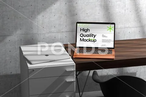 Laptop Mockup on Wooden Desk PSD Template