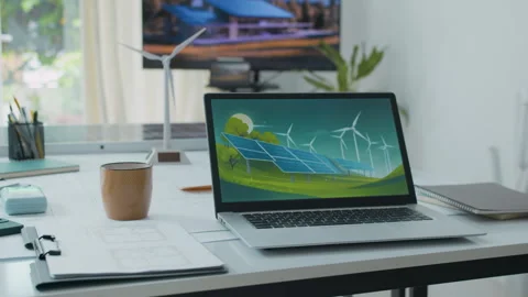 Laptop with Models of Wind Turbines on Screen at Desk in Green Energy Office Stock Footage 301295586