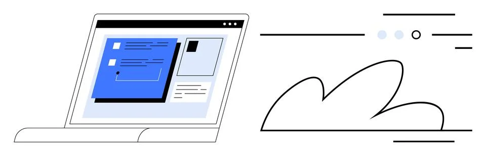 Laptop with modern UI elements and abstract cloud, lines and dots on white .. Illustrazione stock