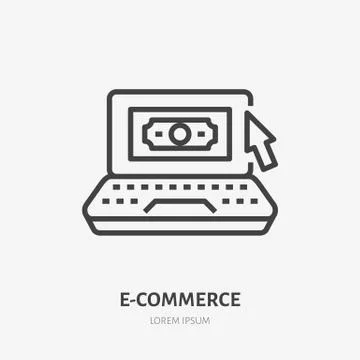 Laptop with money and mouse pointer flat line icon. Pay per click sign. Thin Illustrazione stock