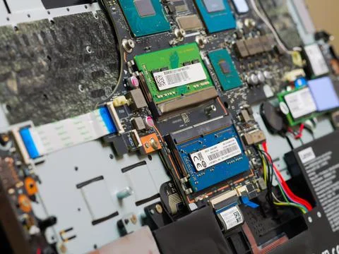 Laptop motherboard showing RAM, processor, and other components 写真素材