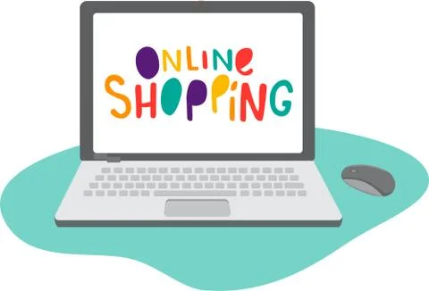 Laptop with mouse and hand draw sign on the screen - online shopping. Vector Stock Illustration