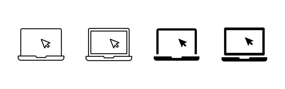 Laptop with mouse cursor icon in outline and solid styles. Ideal for techno.. Stock Illustration