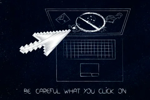 Laptop with mouse pointer prevented from clicking on stopped cyber threats Stock Illustration