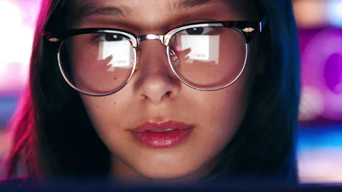 Laptop, neon and reflection in glasses with designer woman online for web Stock Footage 331449631