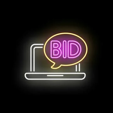 Laptop with neon bid speech bubble showing online auction Stock Illustration