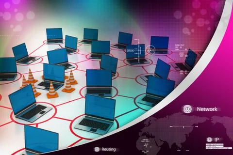 Laptop network with traffic cone Stock Illustration