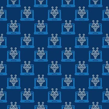 Laptop with Neural Network vector concept blue line seamless pattern Stock Illustration