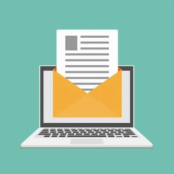 Laptop with new email envelope. Computer and document on screen. Flat style Stock Illustration