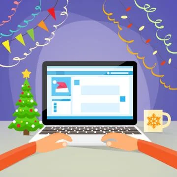 Laptop New Year Hands Type Using Computer Internet Christmas Sale Decoration Stock Illustration