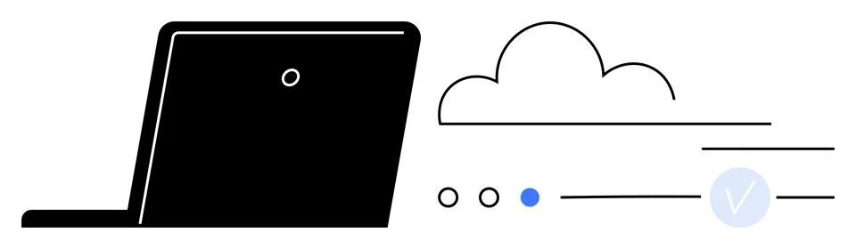 Laptop next to a cloud with loading indicators emphasizing data synchronizati Stockillustratie