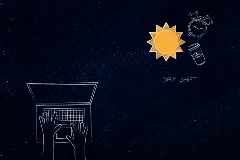 Laptop next to day shift icon with sun coffee cup and alarm Stock Illustration