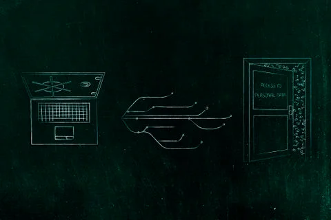 Laptop next to internet connection lines and open door to access personal dat Stock Illustration